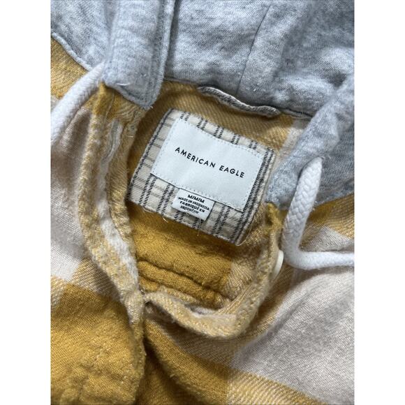 American Eagle Flannel Shirt Yellow Ivory Hooded Button Up Long Sleeve Size M - Picture 6 of 7